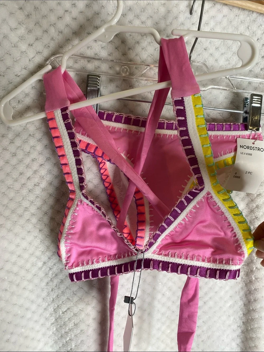 Platinum Swimwear Pink Triangle Bikini with Multicolor Crochet Style Trim